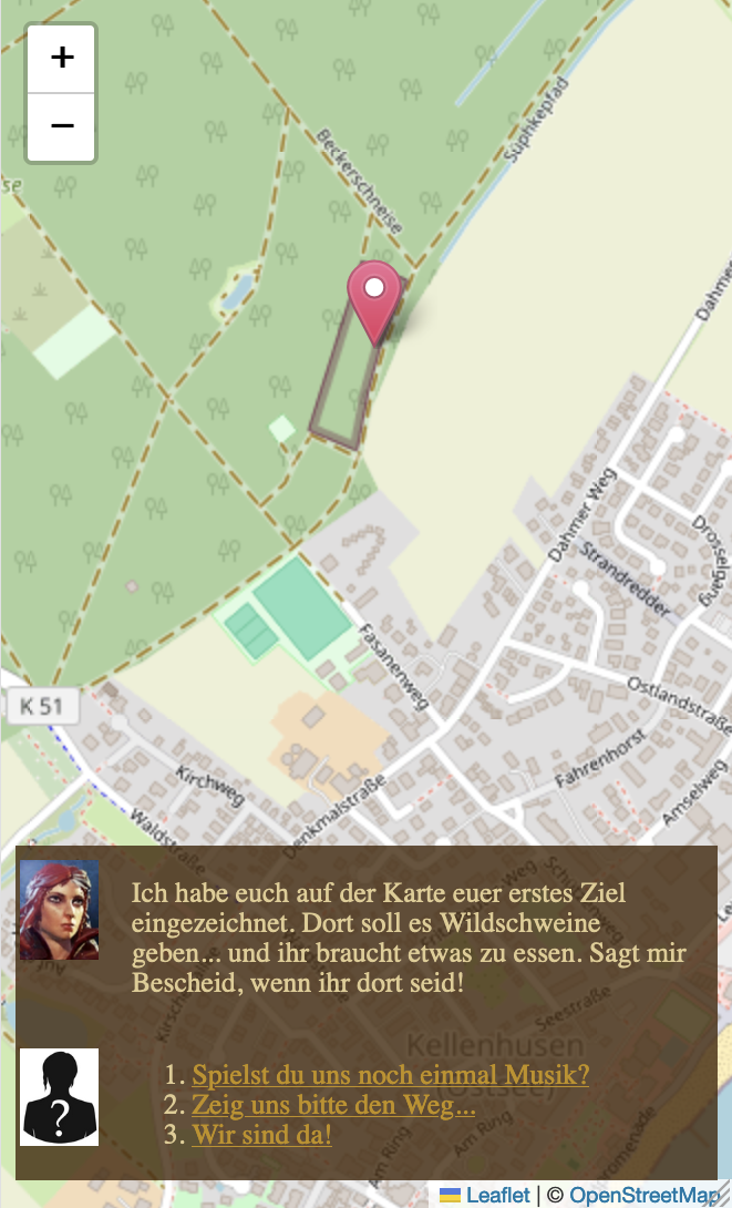 A map of the city of Kellenhusen with a marker at the northern part, close to Kellenhusen's boar pen. In the foreground, a dialog box encourages to walk there to gather some food.