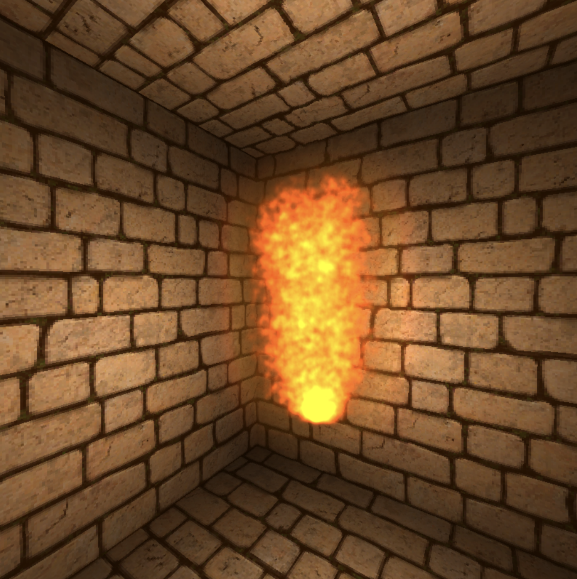 A simulated flame flickers in front of a brick wall. The wall is illuminated accordingly and the heat causes distortion above and around the flame.