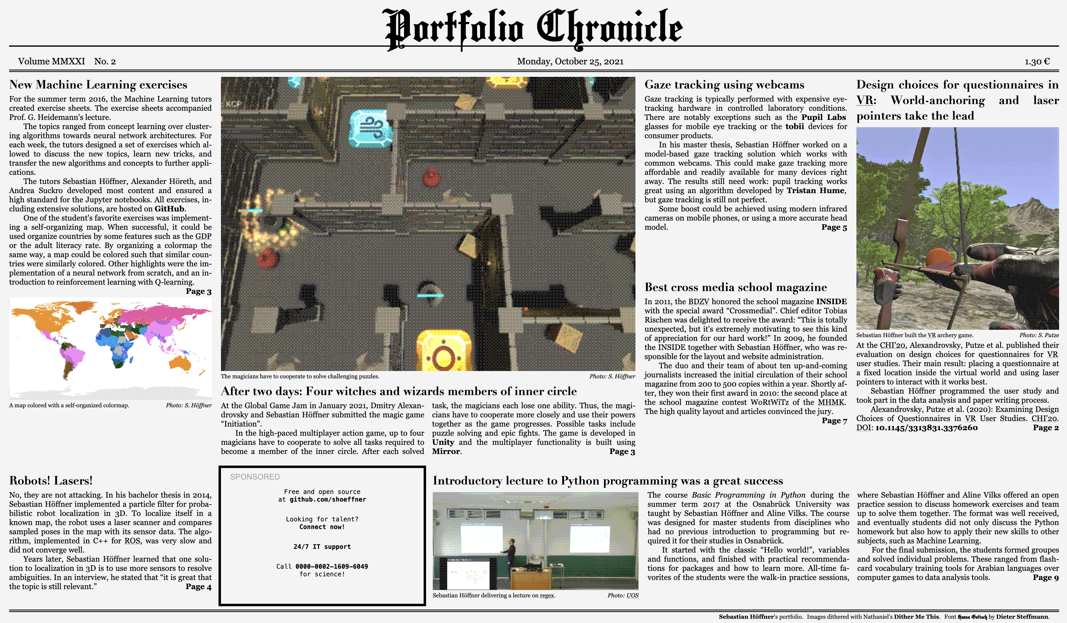 A screenshot of a newspaper-like website containing some of Sebastian H¶ouml;ffner's past works.